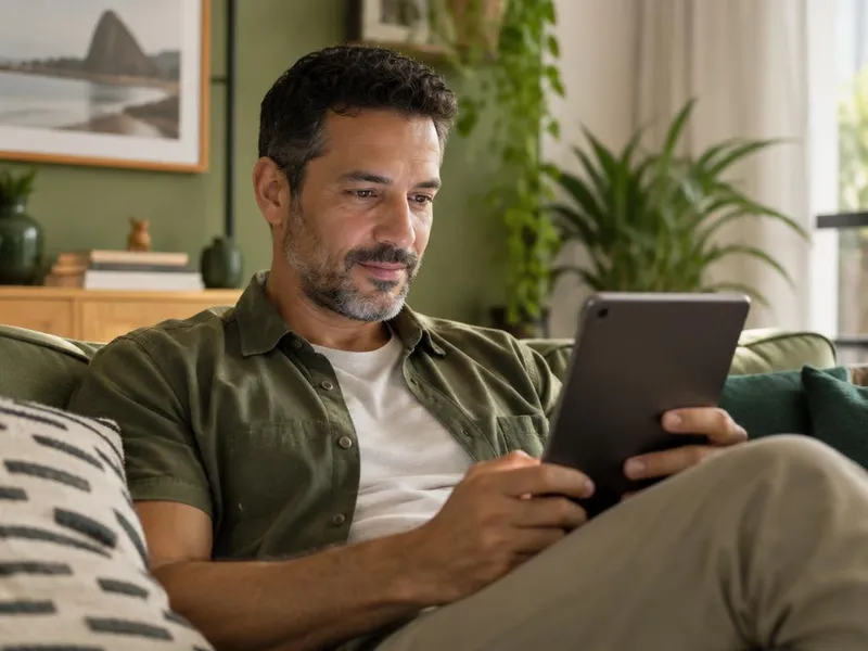 Homem lendo o guia em um tablet